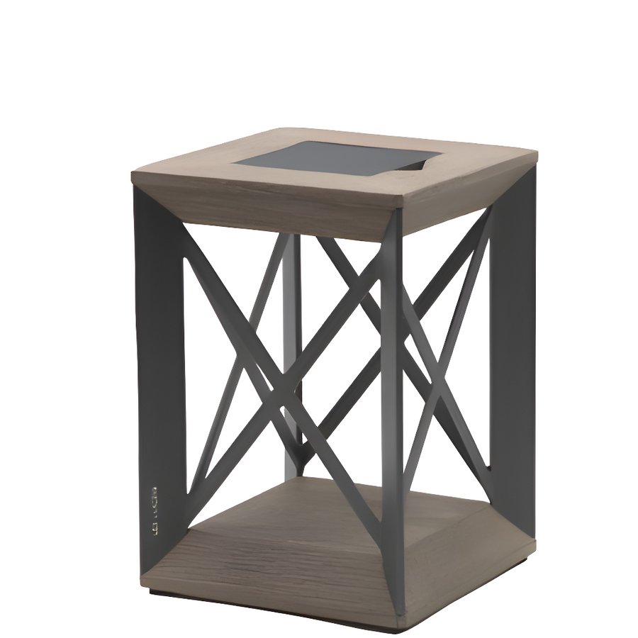 Square solar lantern with wooden top and metal frame on a white background