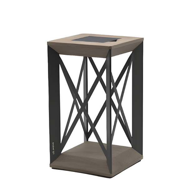 Square solar lantern with wooden top and black metal frame on a white background
