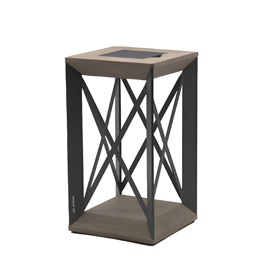 Square solar lantern with wooden top and black metal frame on a white background