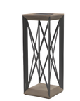 Decorative solar lantern with wooden top and metal lattice design on a white background