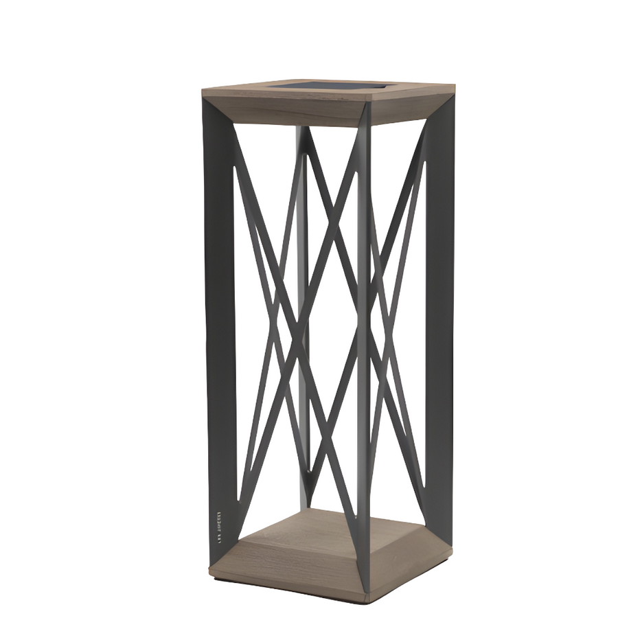 Decorative solar lantern with wooden top and metal lattice design on a white background