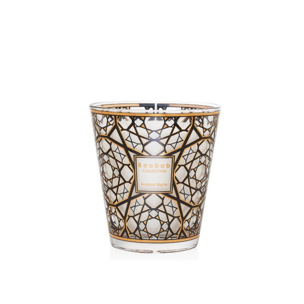 A Baobab Arabian Nights Candle MAX16ARN with a gold and black design.
