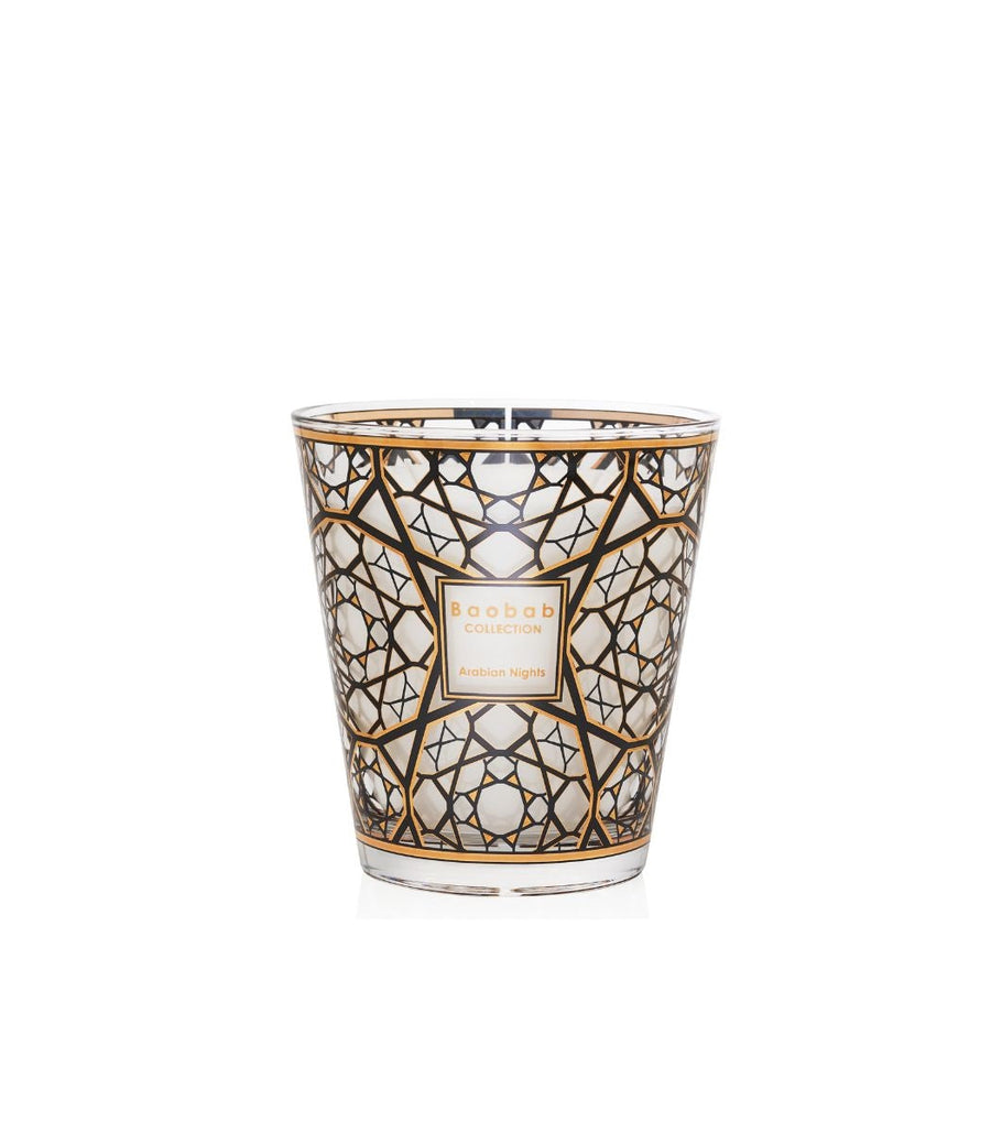 A Baobab Arabian Nights Candle MAX16ARN with a gold and black design.