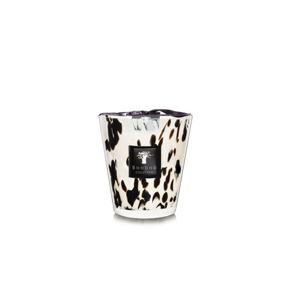 A Baobab Black Pearls Candle Max 16 MAX16PB, with a black and white print on it, perfect as a decoration or for creating an ambiance with its fragrance like Black Pearls.