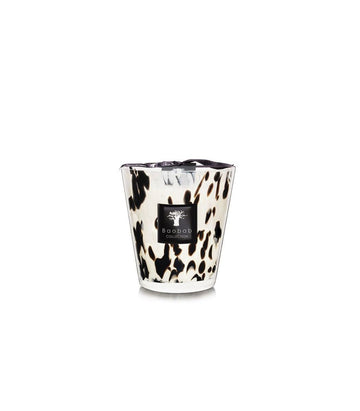 A Baobab Black Pearls Candle Max 16 MAX16PB, with a black and white print on it, perfect as a decoration or for creating an ambiance with its fragrance like Black Pearls.