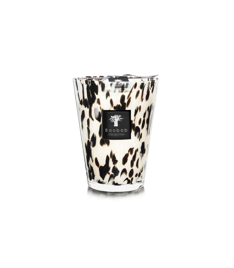 A Baobab Black Pearls Candle Max 24 MAX24PB, infused with the enchanting fragrance of Black Pearls, featuring a black and white leopard print.