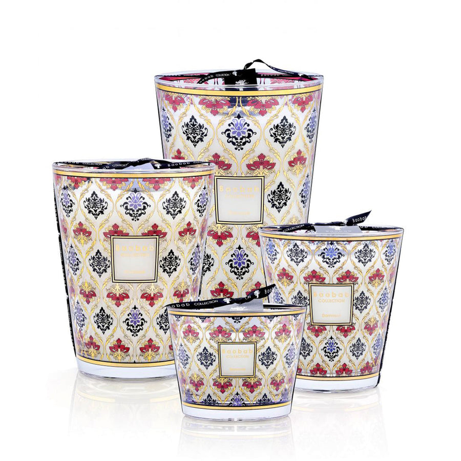 A set of three Baobab Damasse Candle Max 24 MAX24DAM with different designs on them, perfect for adorning Italian palaces with their exquisite charm.