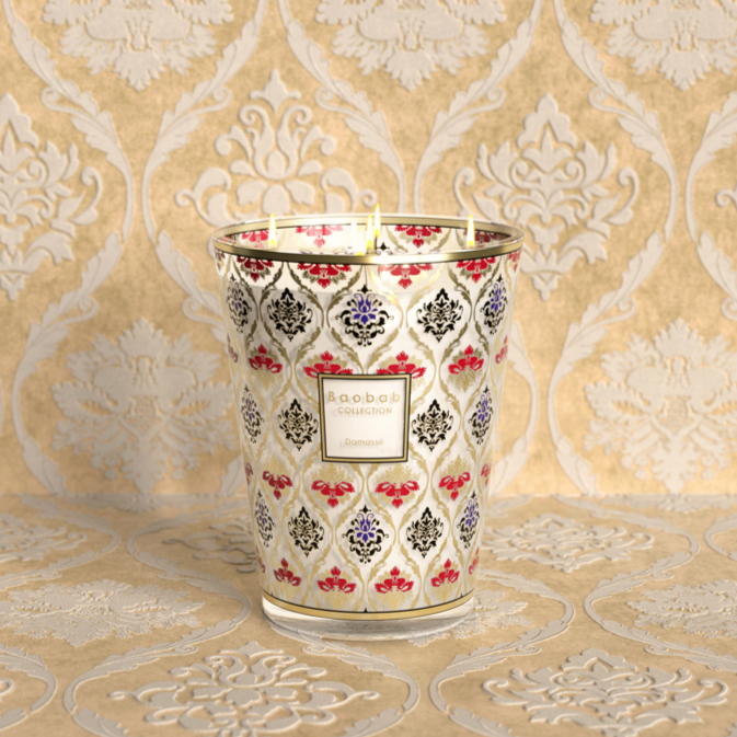 A Baobab Damasse Candle Max 24 MAX24DAM with a red and gold pattern on it, reminiscent of Italian palaces.