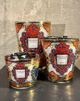 Three Baobab Mexico Candle MAX10MEX candle holders with colorful designs, inspired by Mexico City.