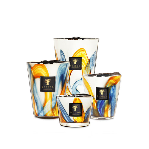 A set of Baobab Nirvana Holy Candle Max 10MAX10NHO with a blue and yellow design.