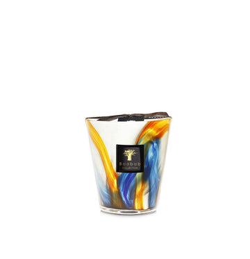 A Baobab Nirvana Holy Candle Max 16 MAX16NHO with a blue, yellow, and black design perfect for creating ambiance.
