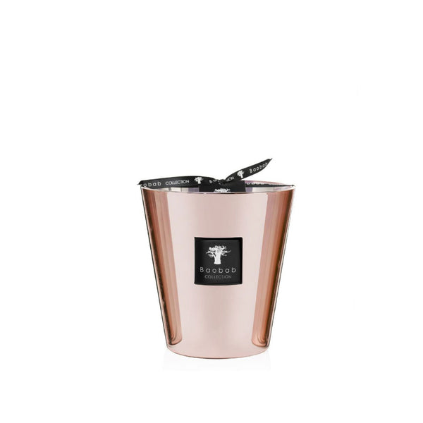 A Baobab Roseum Candle MAX16ROS with a rose gold hue and a black lid, exuding femininity.