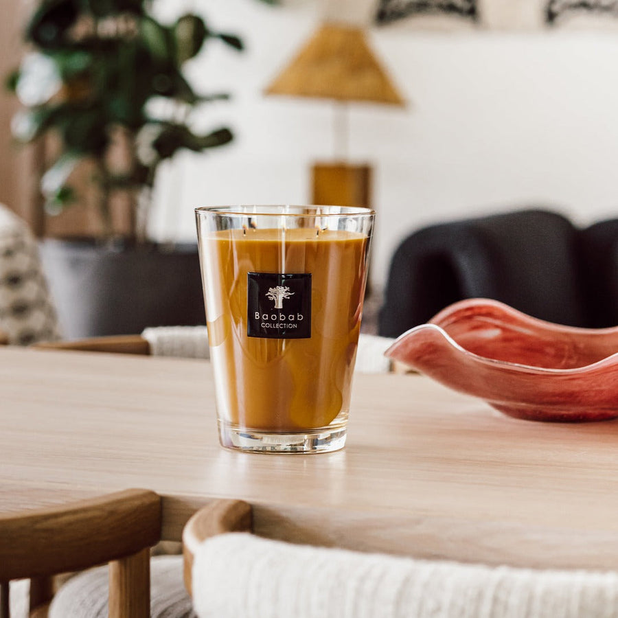 A Baobab Zanzaibar Candle Max 16MAX16AZS, infused with the exotic fragrance of Zanzibar Spices, sitting on a table in a cozy living room.