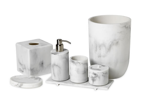 SV Casa Carrara Collection marble bathroom accessories set crafted with polyresin sculpture.