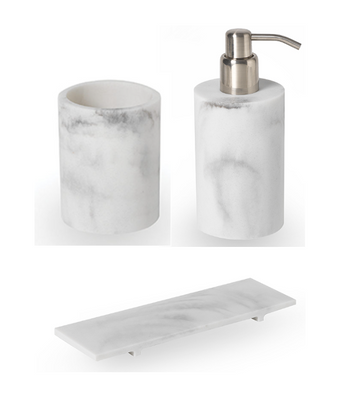 SV Casa's Bath Set Carrara SVPS08 3pc Set with white marble soap dispenser and soap holder.