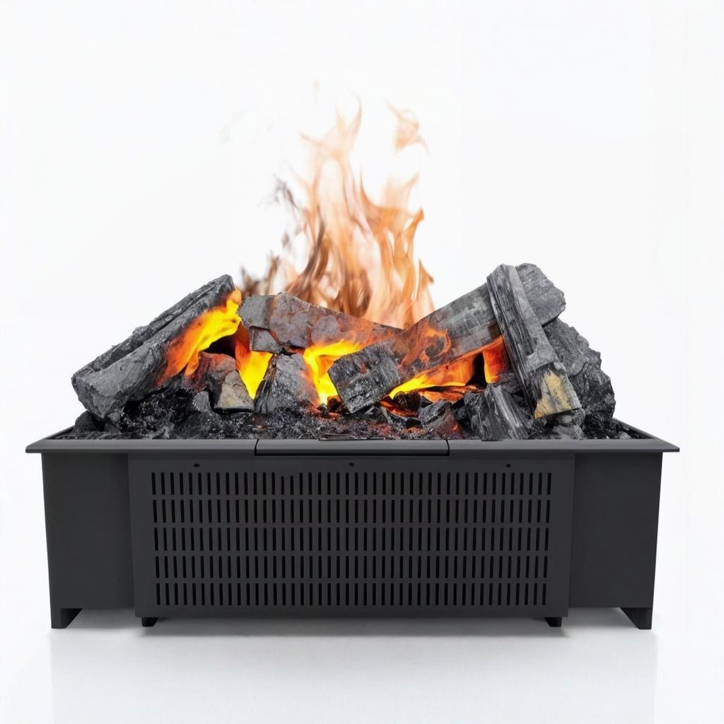 Artificial water vapour fireplace with artificial flames, no heat and glowing wood logs on a white background available at Spacio retail stores in Mumbai & Kolkata. 