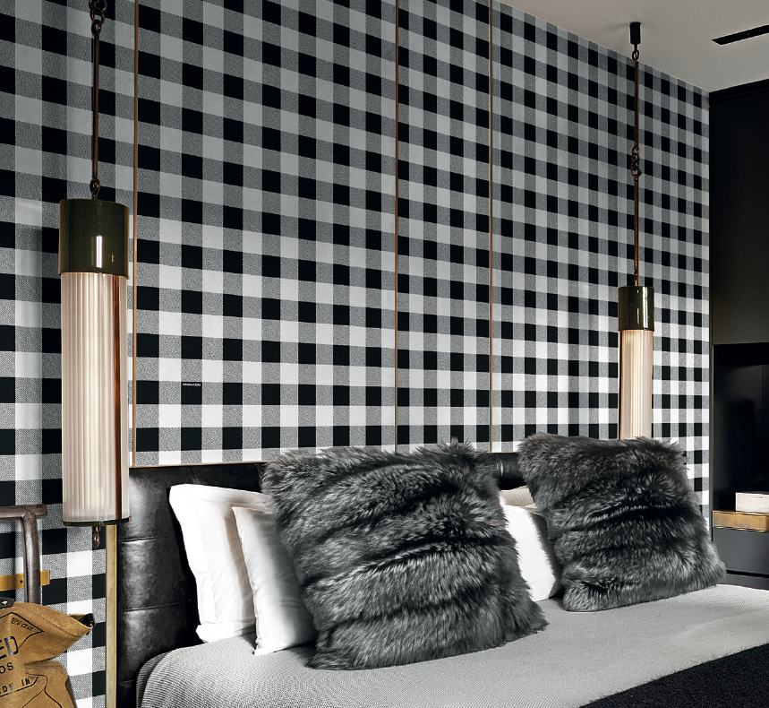 A bedroom with a Londonart Dsquared2 D2Jack DSQ2W02 wall inspired by Italian tailoring.