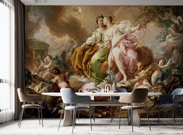 A dining room with a large mural depicting Affreschi Classic Art AC 100604 by Affreschi.