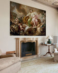 An ornate living room with an Affreschi Classic Art AC 100604 painting of landscapes hanging on the wall against a backdrop of skies.