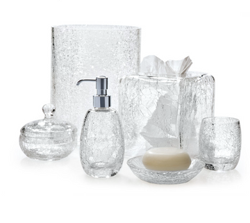 Curated Collection's LZ Collection Bath Set Carina features a luxury glass bath set including soap and soap dispenser.