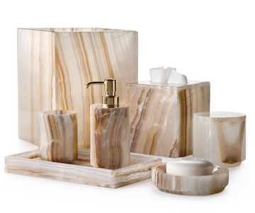 The Luxe Collection Bath Set Ambarino by Curated Collection features a set of luxury bath accessories crafted from exquisite white onyx marble.