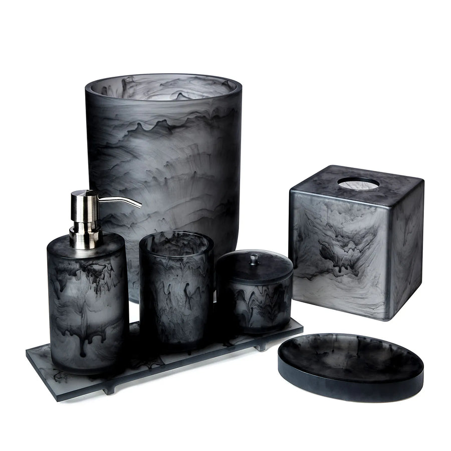 The SV Casa brand offers the Bath Set Shan Black SVPS15 4pc Set, which includes a vanity tray.