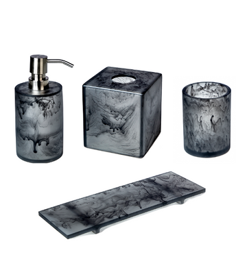 A Bath Set Shan Black SVPS15 4pc Set from SV Casa, with a black and white marble design from the Shan Collection.