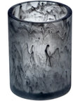 A glass candle holder with black and white swirls from SV Casa's Bath Set Shan Black SVPS15 4pc Set.