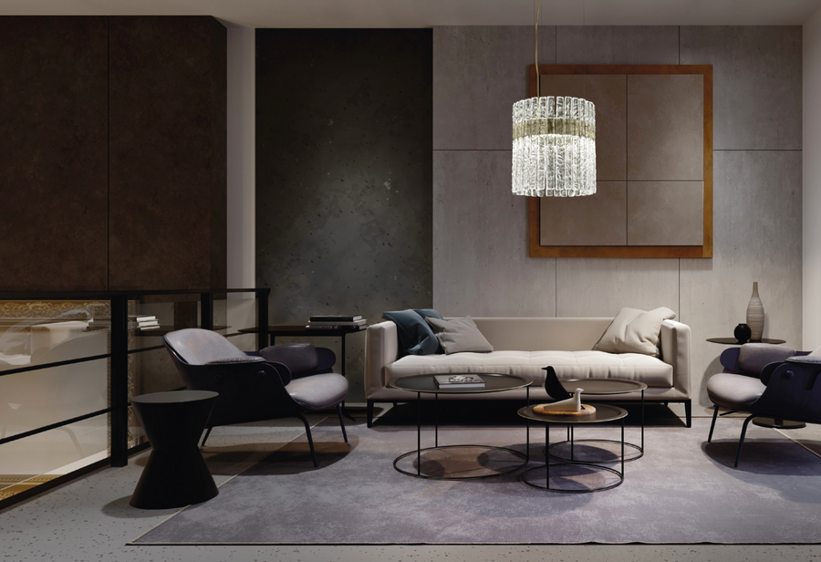 A modern living room with Masiero Vegas Chandelier lights and furniture.