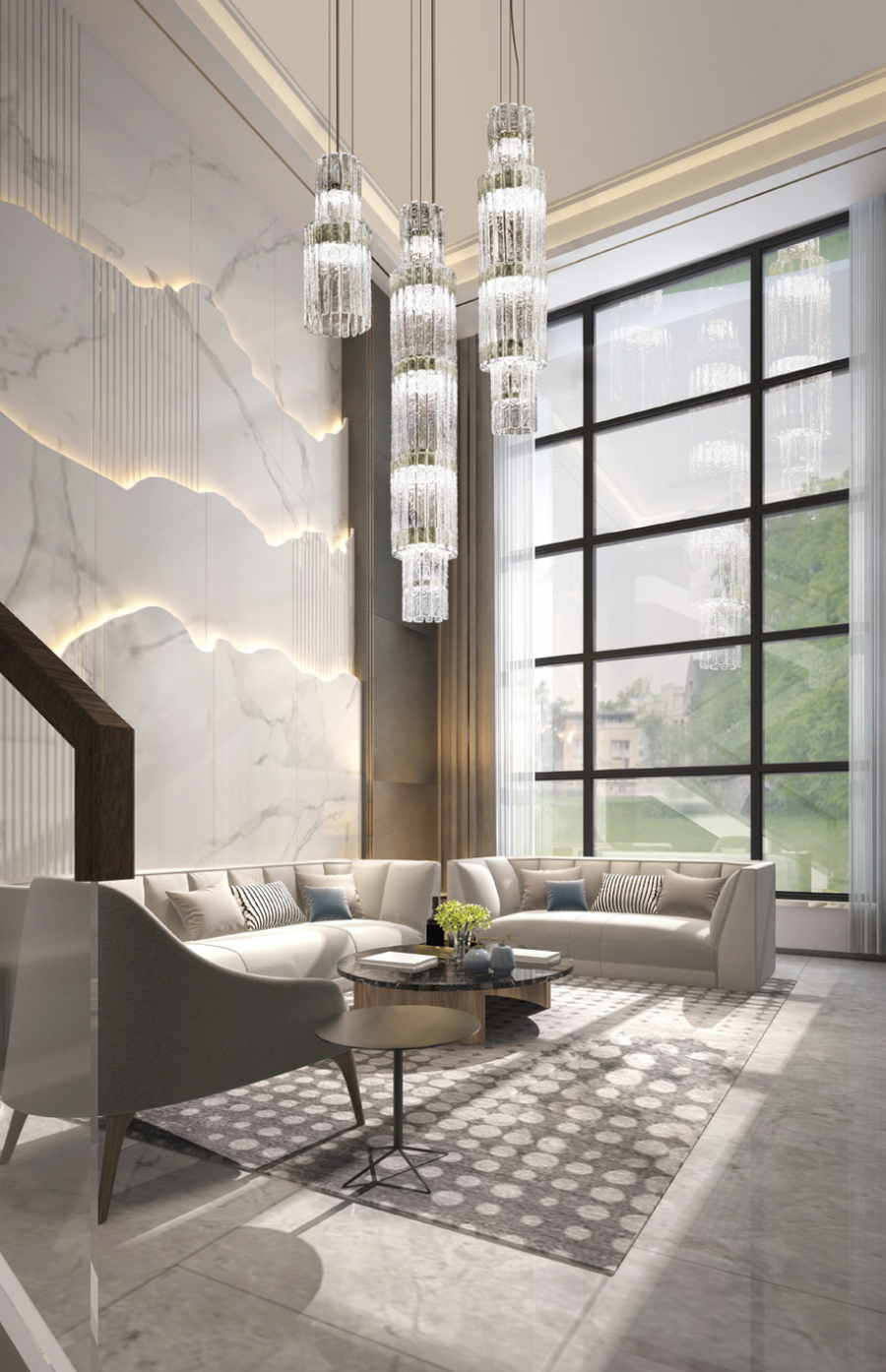 A modern living room with marble floors adorned with Masiero Vegas Chandeliers providing decorative lighting reminiscent of Las Vegas.