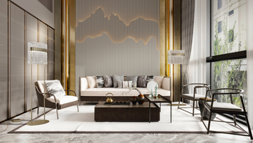 A living room with opulent gold accents and furniture from the Masiero Vegas Collection, featuring remarkable decorative lighting provided by the Masiero Vegas Floor Lamp.