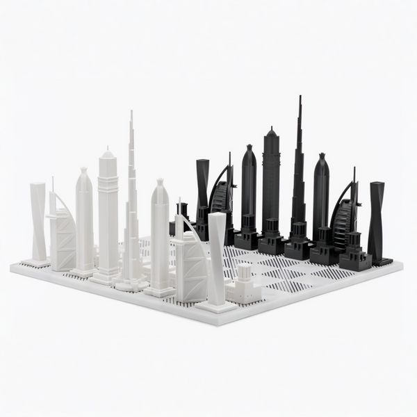 Skyline Chess Acrylic Dubai Marble Board. This unique game showcases the iconic buildings of Dubai.