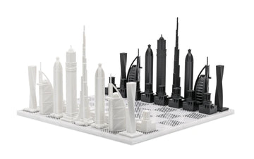 Skyline Chess Acrylic Dubai Marble Board. This unique game showcases the iconic buildings of Dubai.