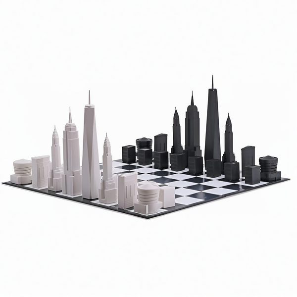A black and white Skyline Chess Acrylic New York Folding Board with London buildings featuring skyscraper architecture.