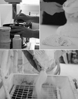 A black and white photo of a person mixing flour in a bowl, showcasing the art of Affreschi 3D Wall 3D02 by Affreschi.