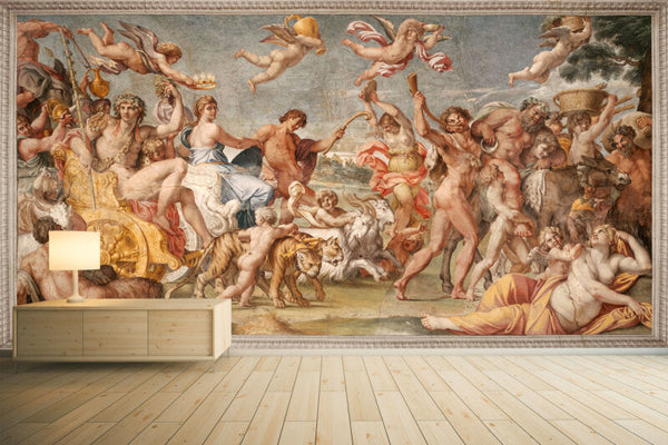 A hand-made room with a tailored walls mural depicting the life of Michelangelo, showcasing Italian art history featuring the Affreschi Classic Art AC 100301 by Affreschi.