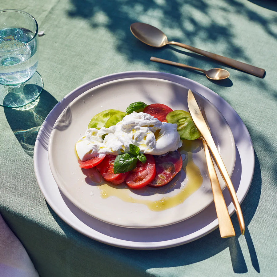 Cutipol Duna Cutlery set in lifestyle setting along with ceramic crockery in outdoor setting