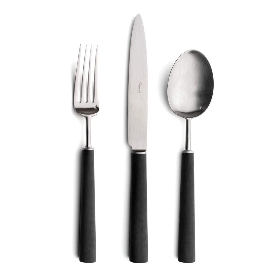 Cutipol Ebony and Dua Cutlery sets featuring matte black and gold finishes with sleek, contemporary designs ideal for luxurious dining setups. 3 pcs set