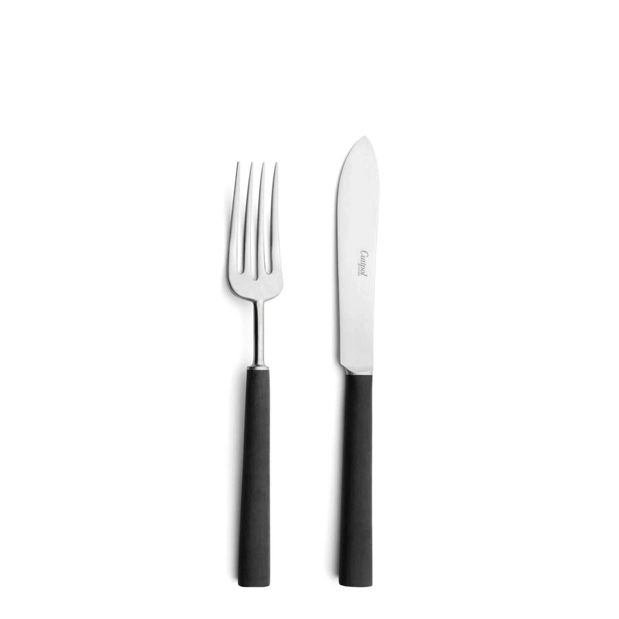 Cutipol Ebony and Dua Cutlery sets featuring matte black and gold finishes with sleek, contemporary designs ideal for luxurious dining setups. Fork & Butter knife