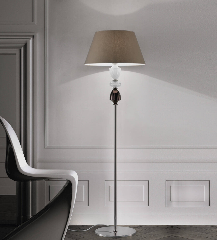 Amelie floor lamp by Italamp featuring crystal and white/nickel metal, blending classic elegance with modern design. Perfect for luxury interiors.