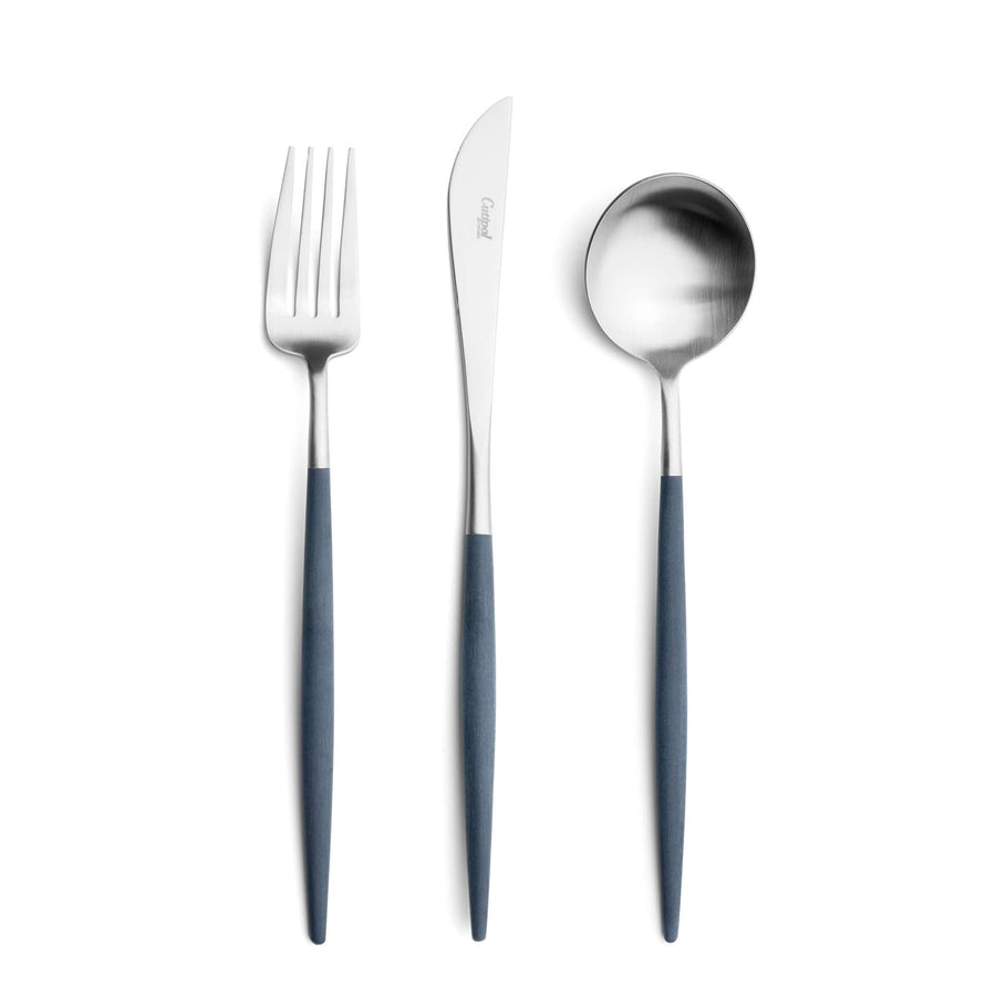 Cutipol Goa blue matt stainless steel finish, black resin handles, and minimalist design for a luxurious dining experience -  fork knife and spoon