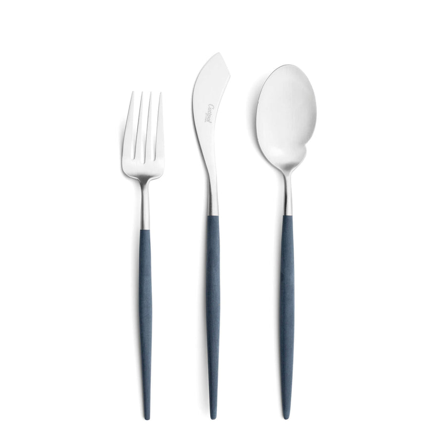 Cutipol Goa blue matt stainless steel finish, black resin handles, and minimalist design for a luxurious dining experience -  3pc server set