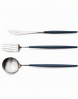 Cutipol Goa blue matt stainless steel finish, black resin handles, and minimalist design for a luxurious dining experience - table spoon, fork, knife