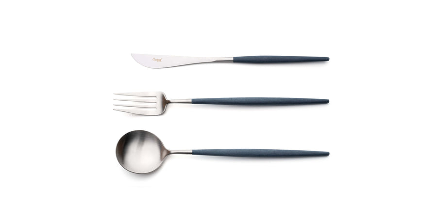 Cutipol Goa blue matt stainless steel finish, black resin handles, and minimalist design for a luxurious dining experience -  table spoon, fork, knife