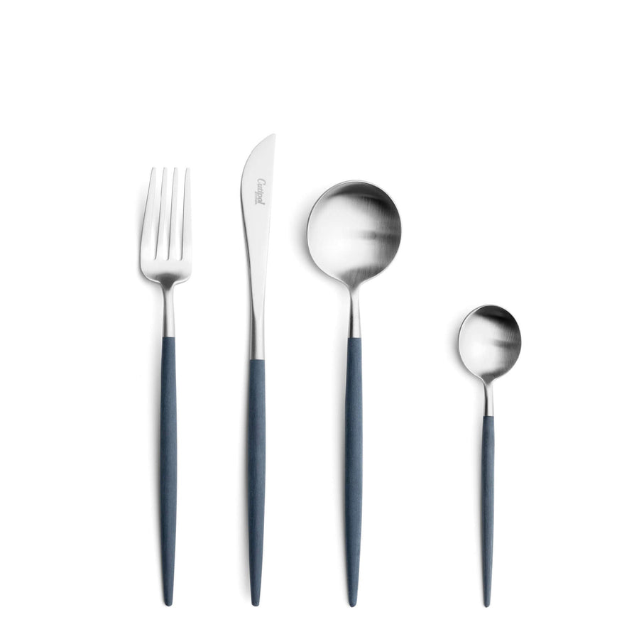 Cutipol Goa blue matt stainless steel finish, black resin handles, and minimalist design for a luxurious dining experience -  4pc set