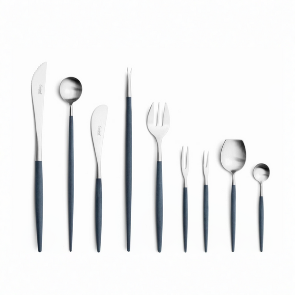 Cutipol Goa blue matt stainless steel finish, black resin handles, and minimalist design for a luxurious dining experience - 9pcs set