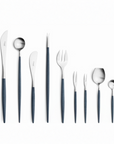 Cutipol Goa blue matt stainless steel finish, black resin handles, and minimalist design for a luxurious dining experience - 9pcs set