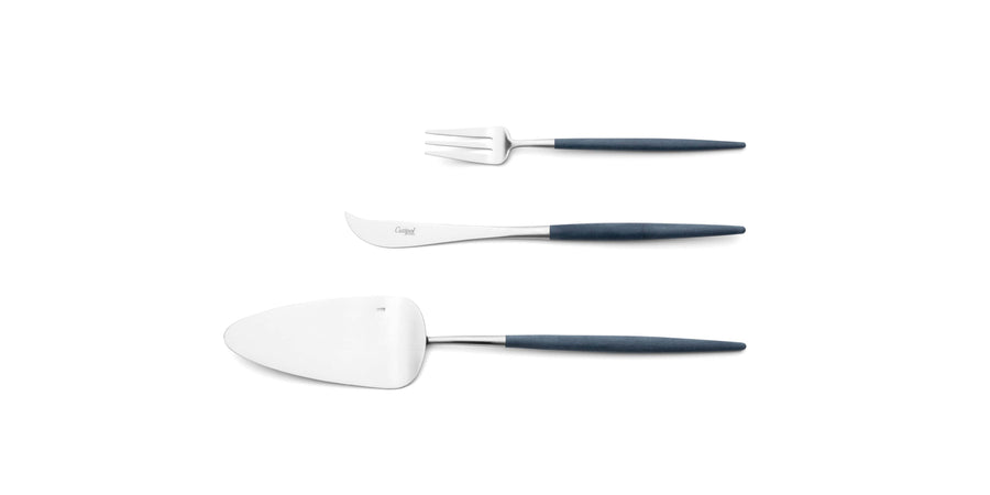 Cutipol Goa blue matt stainless steel finish, black resin handles, and minimalist design for a luxurious dining experience -  3pc dessert server set