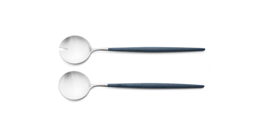 Cutipol Goa blue matt stainless steel finish, black resin handles, and minimalist design for a luxurious dining experience -  2pc salad server set