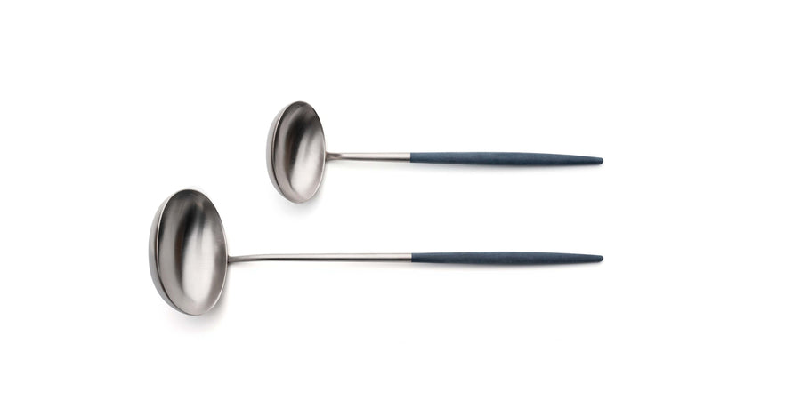 Cutipol Goa blue matt stainless steel finish, black resin handles, and minimalist design for a luxurious dining experience -  2pc spoon server set